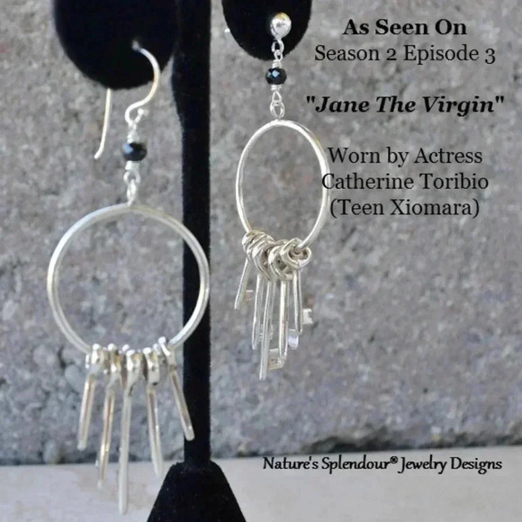 Nature’s Splendour®️LLC Jewelry - Key Hoop Earrings, Jane The Virgin,Solid Sterling Silver,Black Spinel